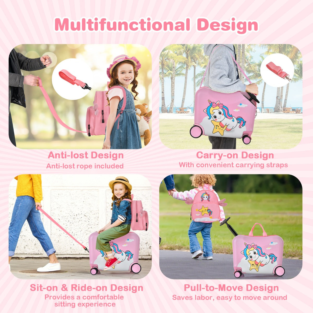 LIVSK Kinderkofferset - 47 cm Koffer met 30 cm Rugzak - Verstelbaar Handvat - Universele Wielen - Voor Kinderen 3+ - Roze