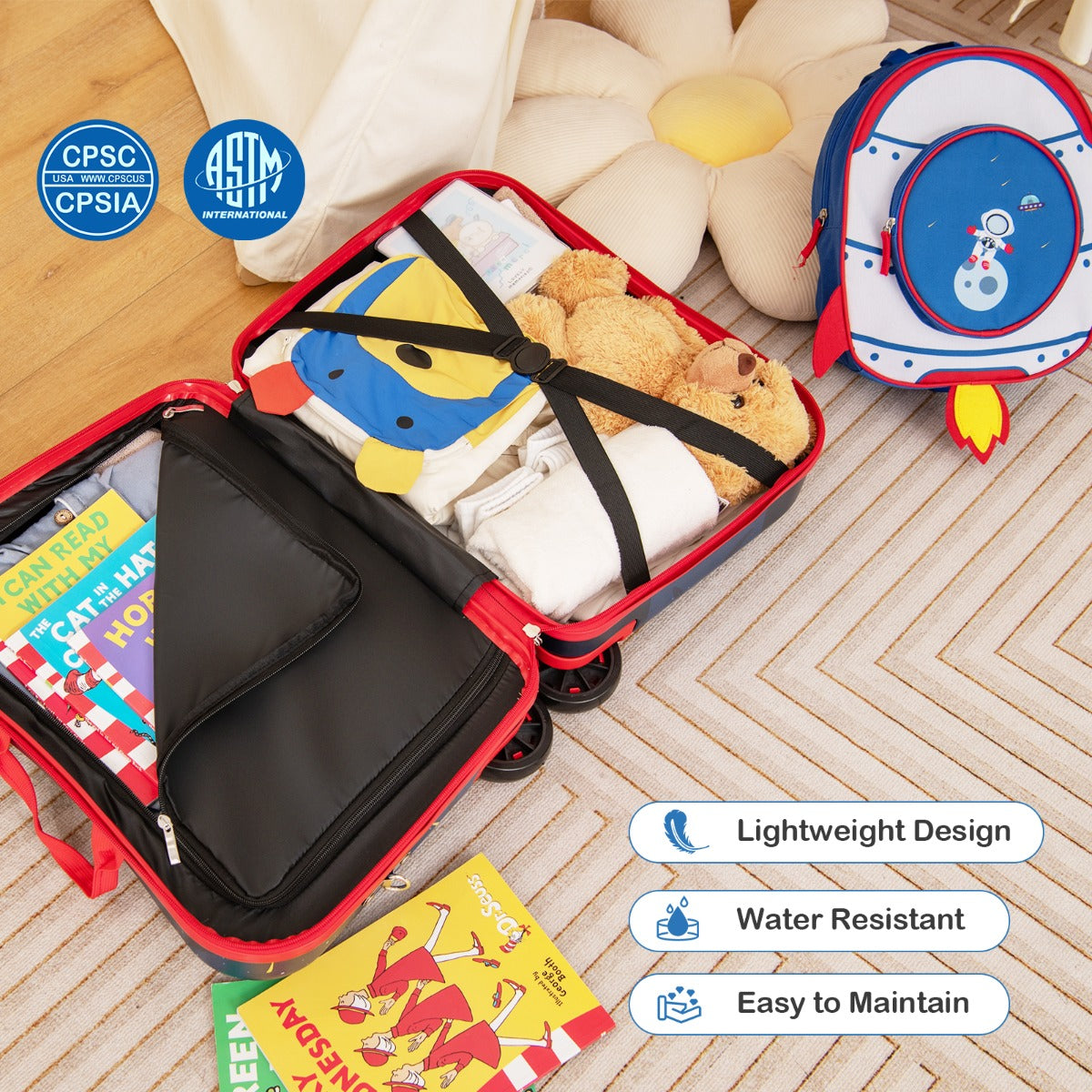 LIVSK Kinderen Kofferset - Koffer 47 cm & Rugzak 30 cm - Verstelbaar Handvat - Duurzaam en Veilig - Zwart + Blauw
