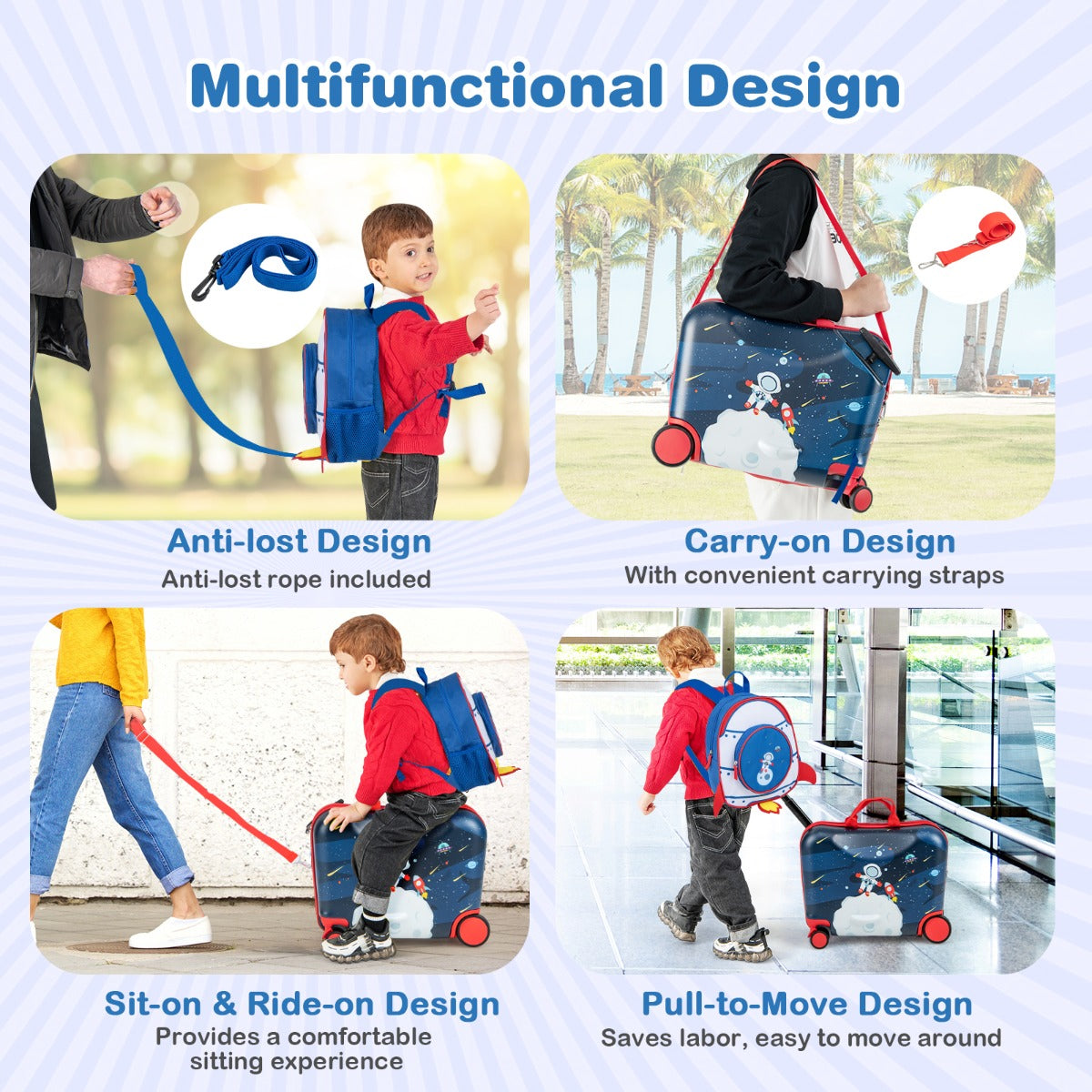 LIVSK Kinderen Kofferset - Koffer 47 cm & Rugzak 30 cm - Verstelbaar Handvat - Duurzaam en Veilig - Zwart + Blauw