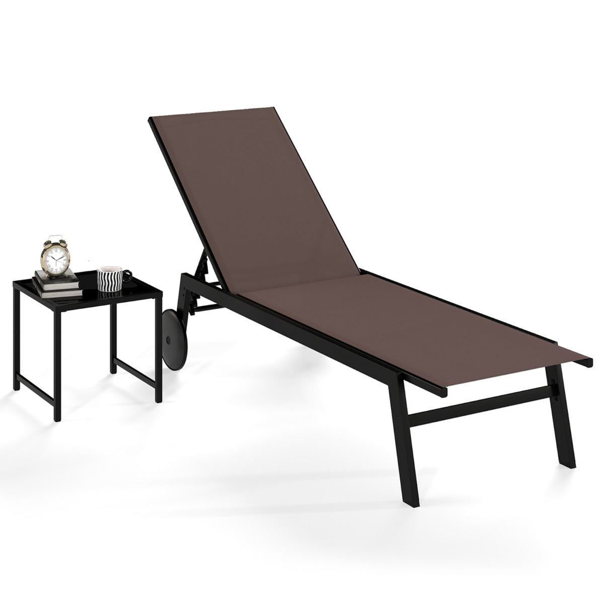Livsk costway set van 2 stuks patio ligstoel van ademend materiaal met bijzettafel van gehard glas