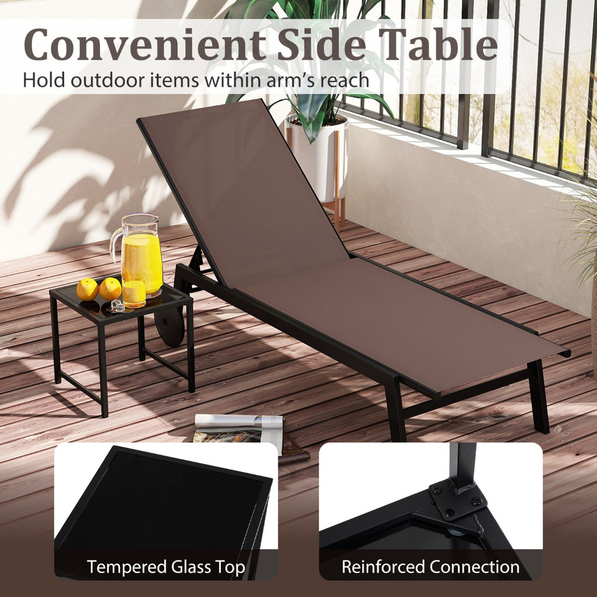 Livsk costway set van 2 stuks patio ligstoel van ademend materiaal met bijzettafel van gehard glas 5