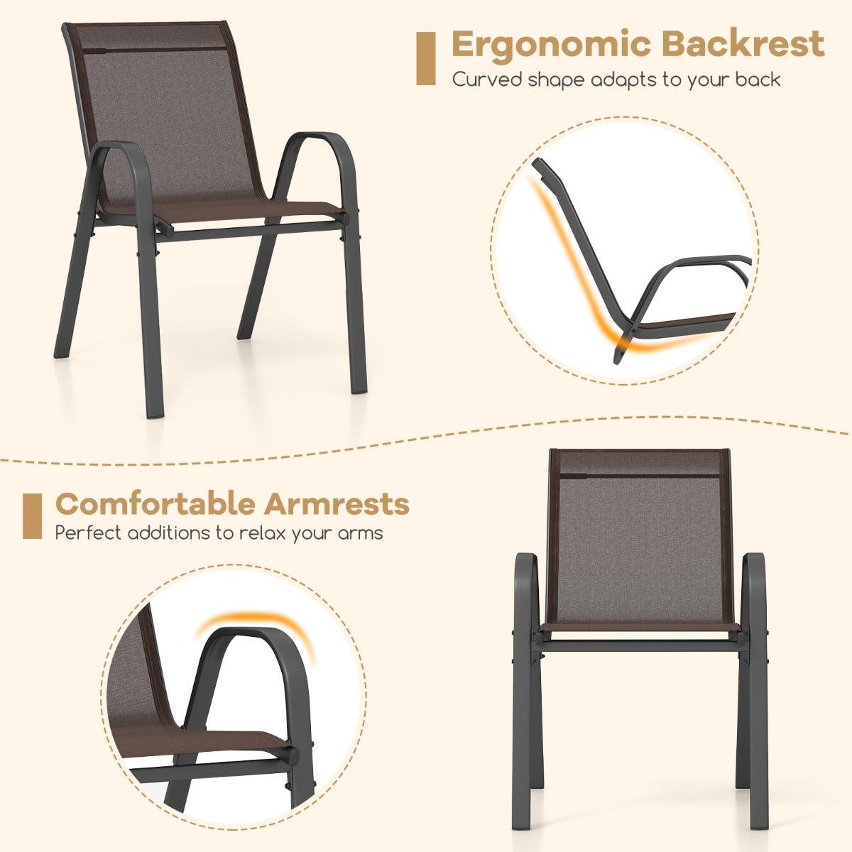 Livsk costway set van 2 terrasstoelen stapelbare metalen eetkamerstoel met armleuningen tuinstoel van ademende bruin
