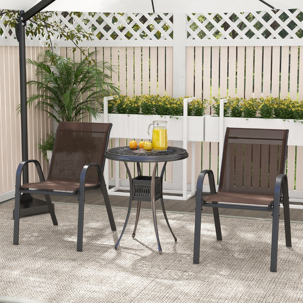 Livsk costway set van 2 terrasstoelen stapelbare metalen eetkamerstoel met armleuningen tuinstoel van ademende bruin