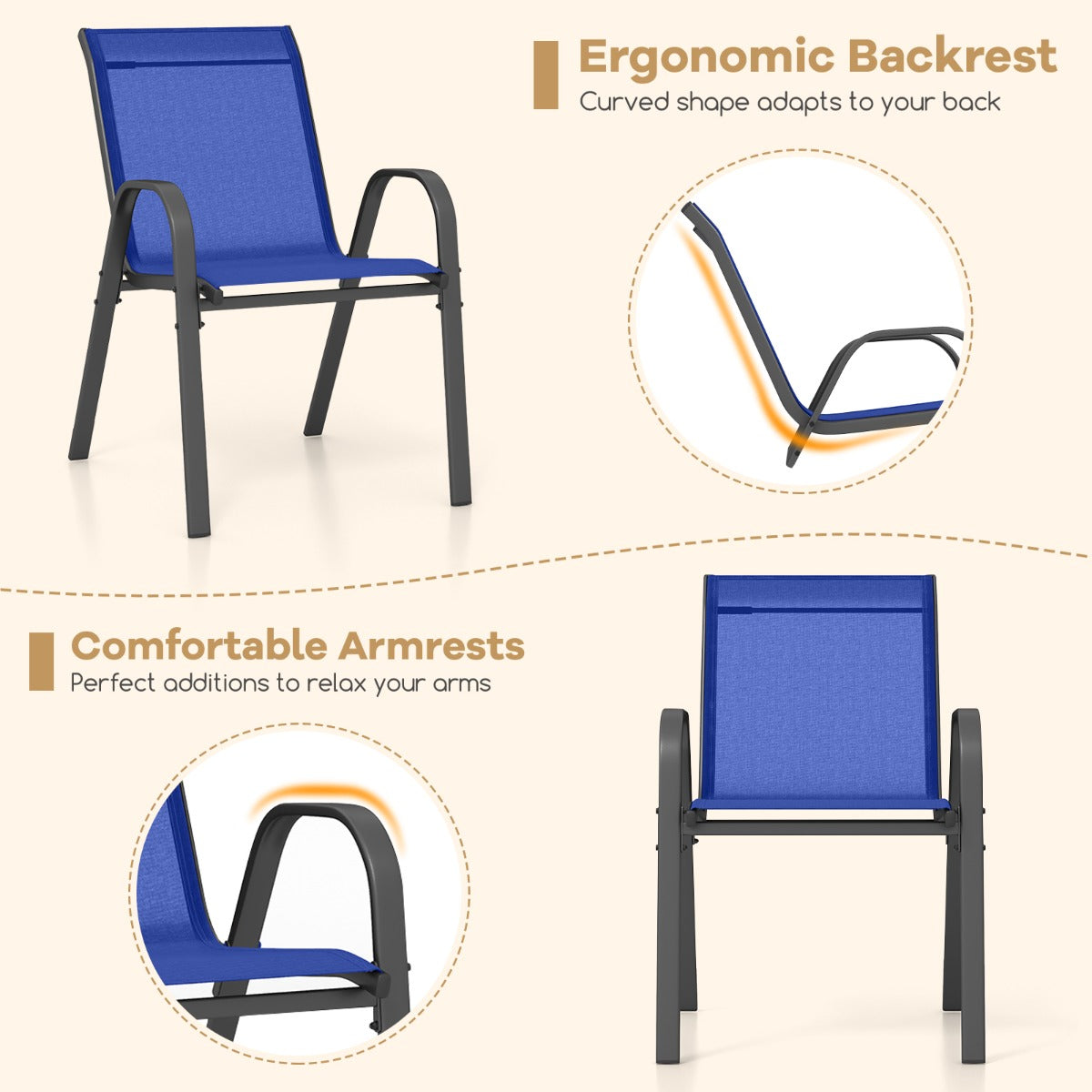 LIVSK Terrasstoelenset - Ergonomische Rugleuning - Voorgevormde Armleuningen - Duurzame Stof - Stapelbaar - Tot 150 kg -