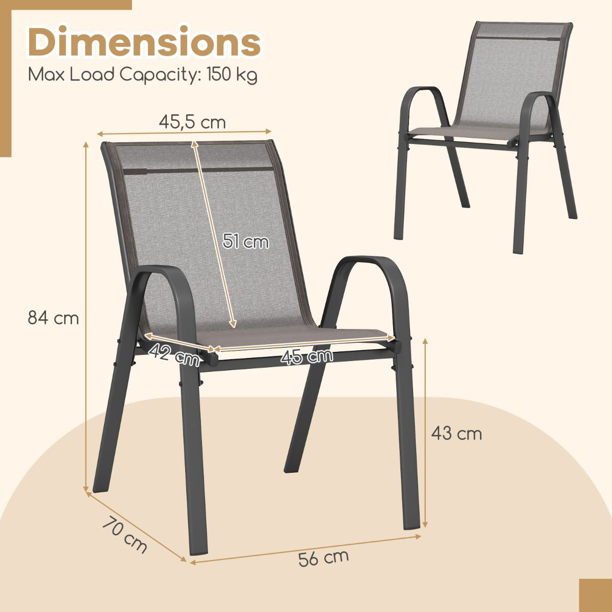 LIVSK Terrasstoelenset - Ergonomische Tuinstoelen met Armleuningen - Ademend en Sneldrogend - Compact Stapelbaar - Grijs