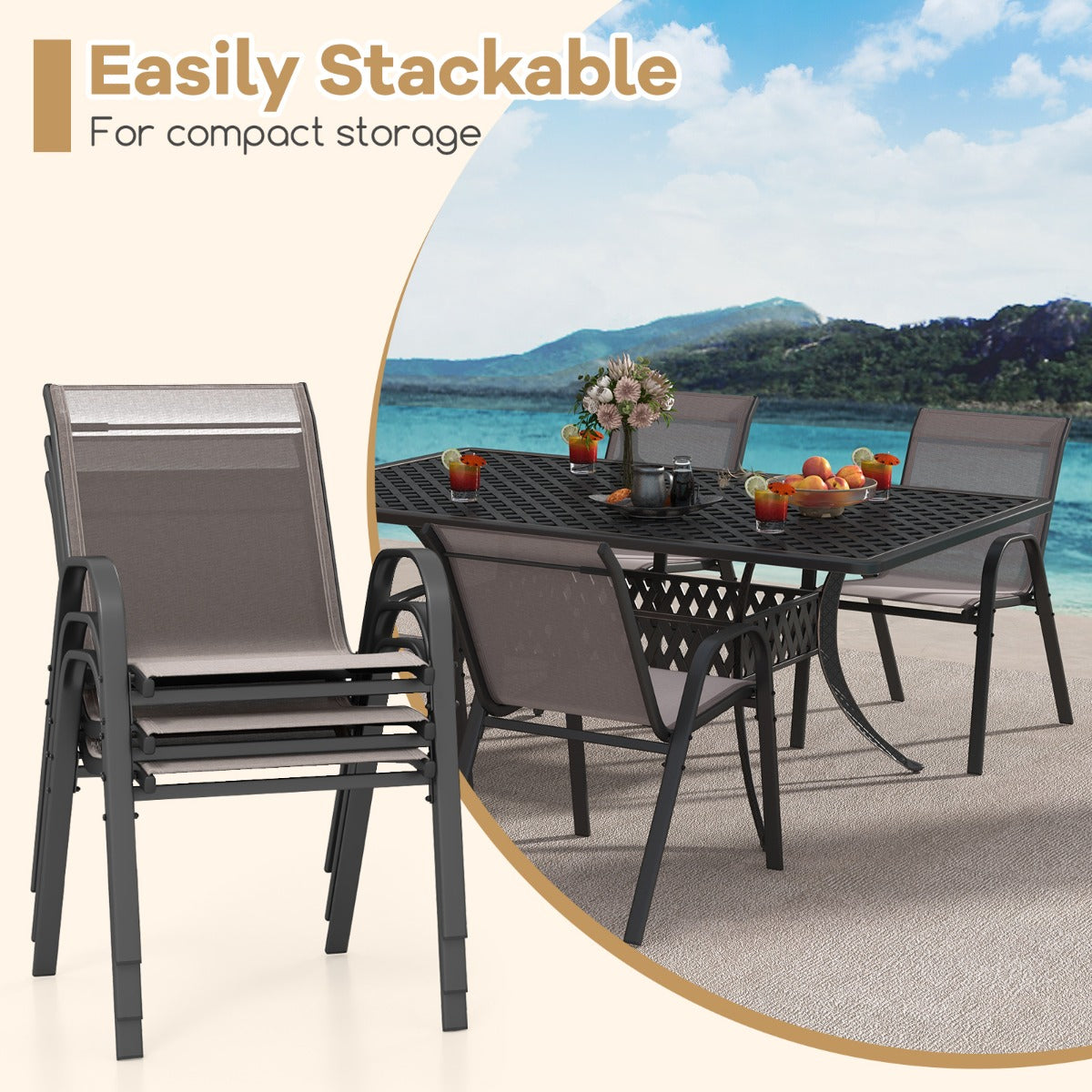 LIVSK Terrasstoelenset - Ergonomische Tuinstoelen met Armleuningen - Ademend en Sneldrogend - Compact Stapelbaar - Grijs