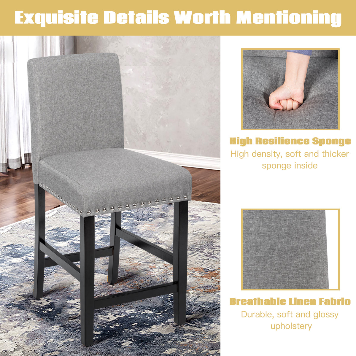 LIVSK Barstoelen - Veerkrachtige Spons - Ergonomische Rugleuning - Rubberhouten Poten - Tot 150 kg - Grijs