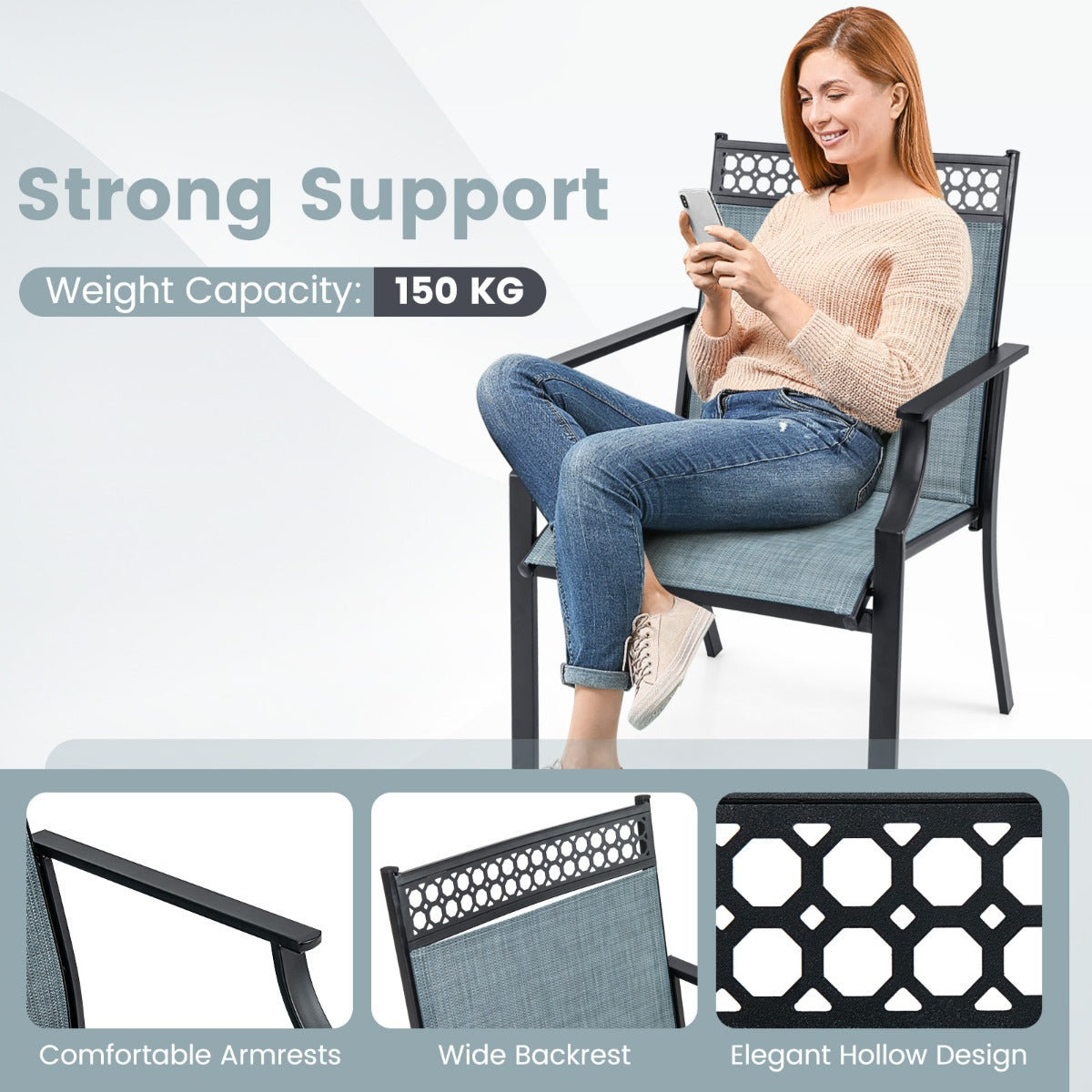 LIVSK Set van 2 Terrasstoelen - Sneldrogend Stof - Ergonomische Rugleuning - Draagvermogen 150 kg - 66 x 61 x 90 cm - Blauw