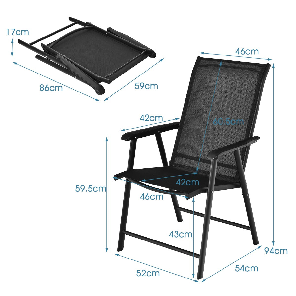 LIVSK Set van 2 Opvouwbare Tuinstoelen - Robuust Metalen Frame - Ergonomische Rugleuning - Hoog Comfort - Tot 150 kg - Zwart