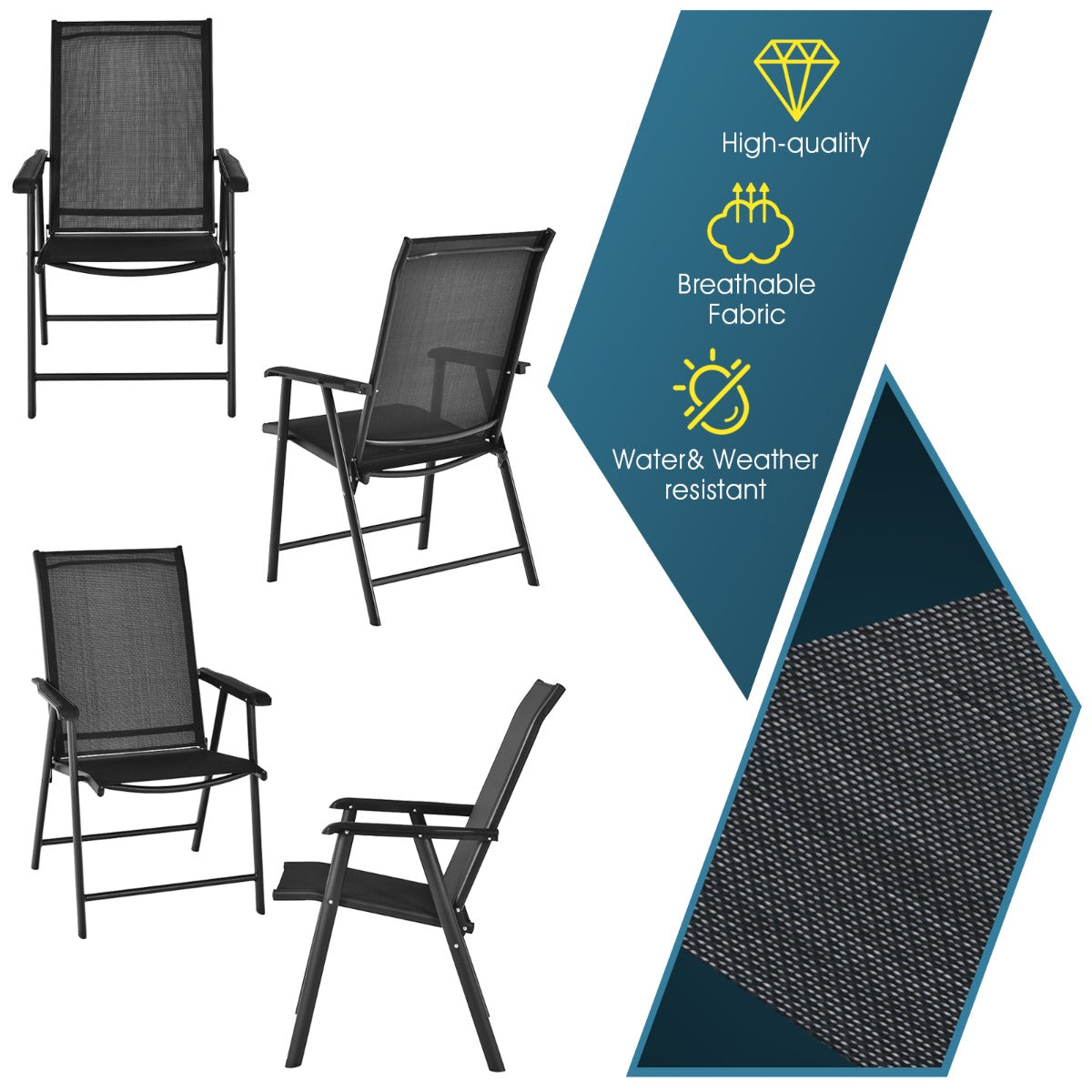 LIVSK Set van 2 Opvouwbare Tuinstoelen - Robuust Metalen Frame - Ergonomische Rugleuning - Hoog Comfort - Tot 150 kg - Zwart