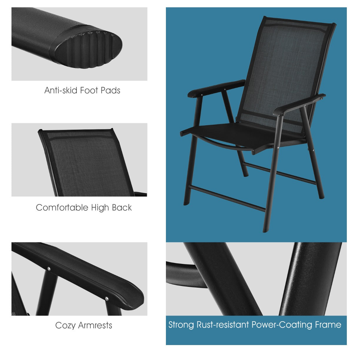 LIVSK Set van 2 Opvouwbare Tuinstoelen - Robuust Metalen Frame - Ergonomische Rugleuning - Hoog Comfort - Tot 150 kg - Zwart