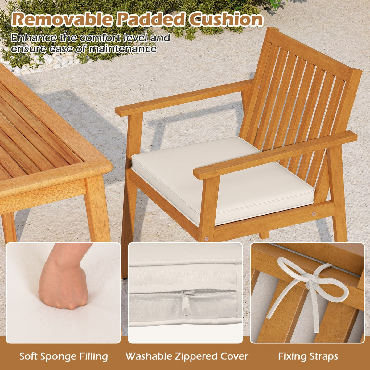 Livsk costway set van 2 tuinstoelen outdoor stoelen van acaciahout met afneembaar gestoffeerd kussen naturel