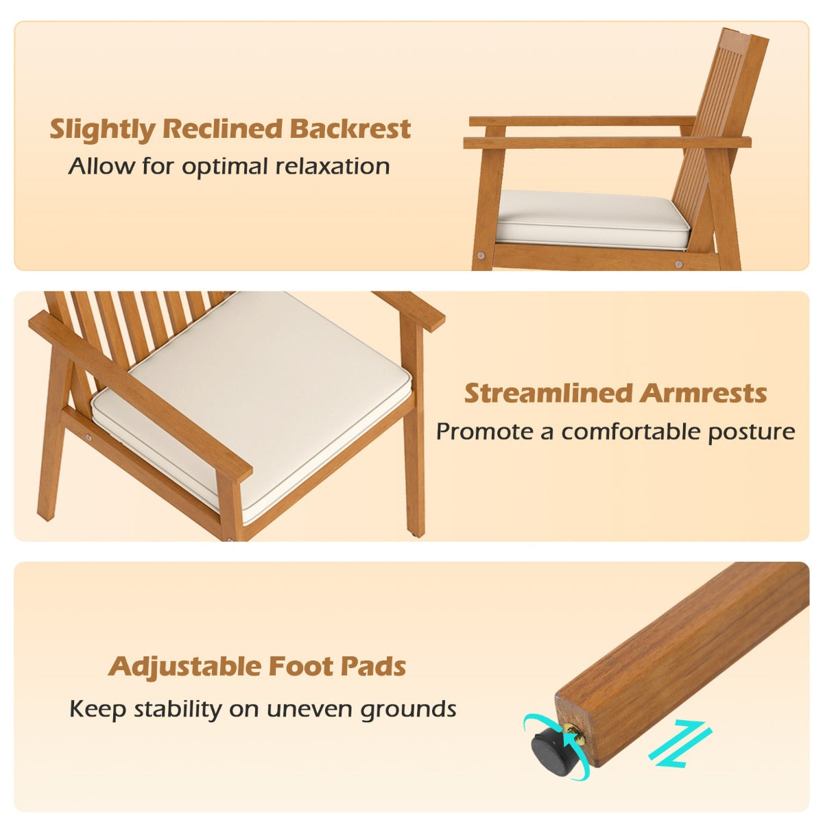 Livsk costway set van 2 tuinstoelen outdoor stoelen van acaciahout met afneembaar gestoffeerd kussen naturel