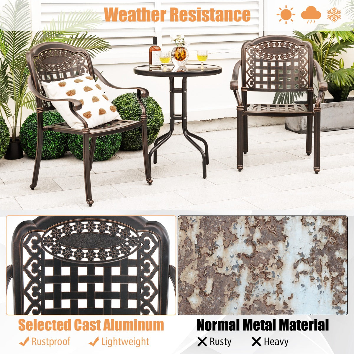 Livsk costway set van 2 tuinstoelen van gegoten aluminium en eettafel van aluminium stapelbare eetkamerstoelen en ronde tuintafel 5