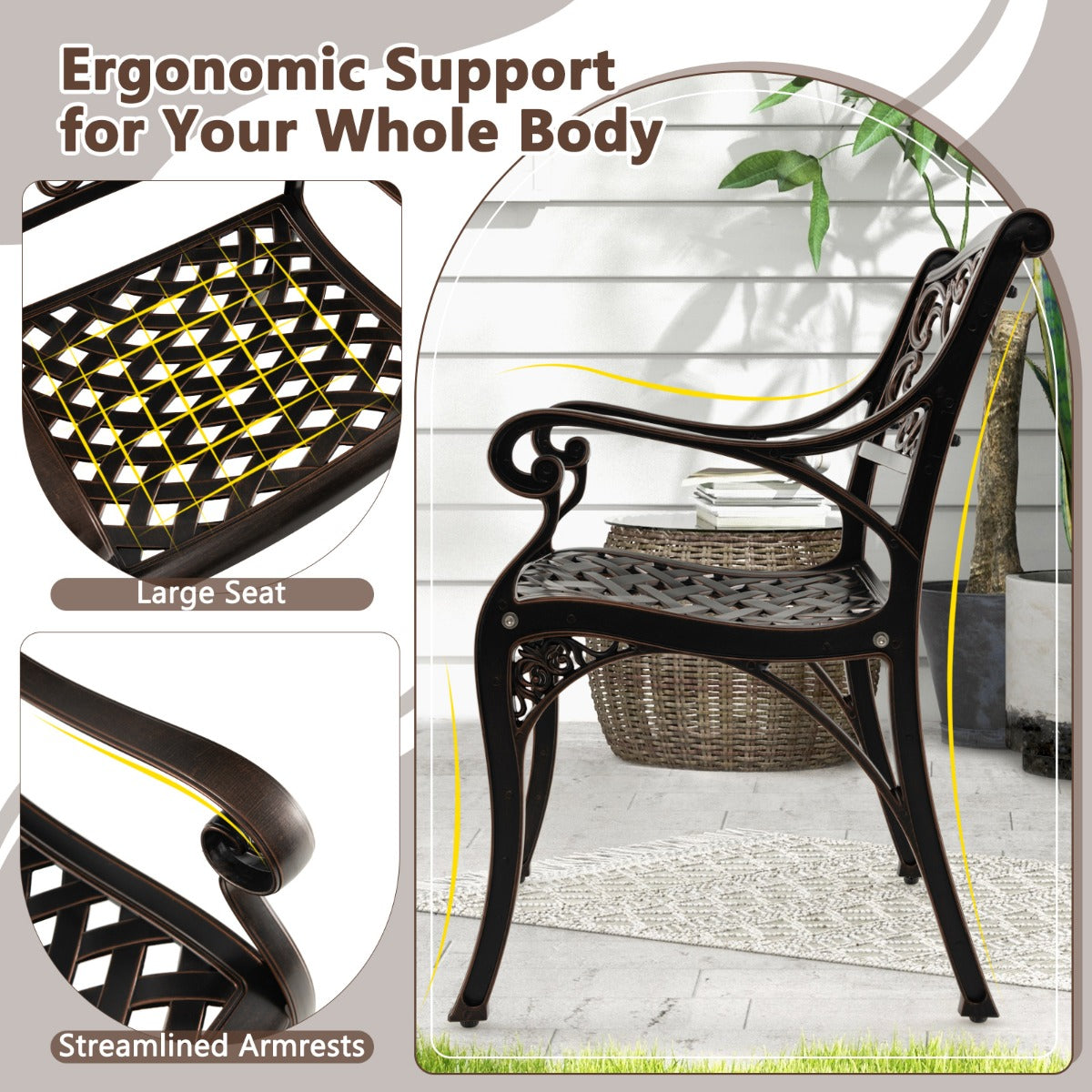 LIVSK 2-delige Terrasstoelen Set - Weerbestendig Gegoten Aluminium - Ergonomisch en Stabiel - Voor Buiten - Brons