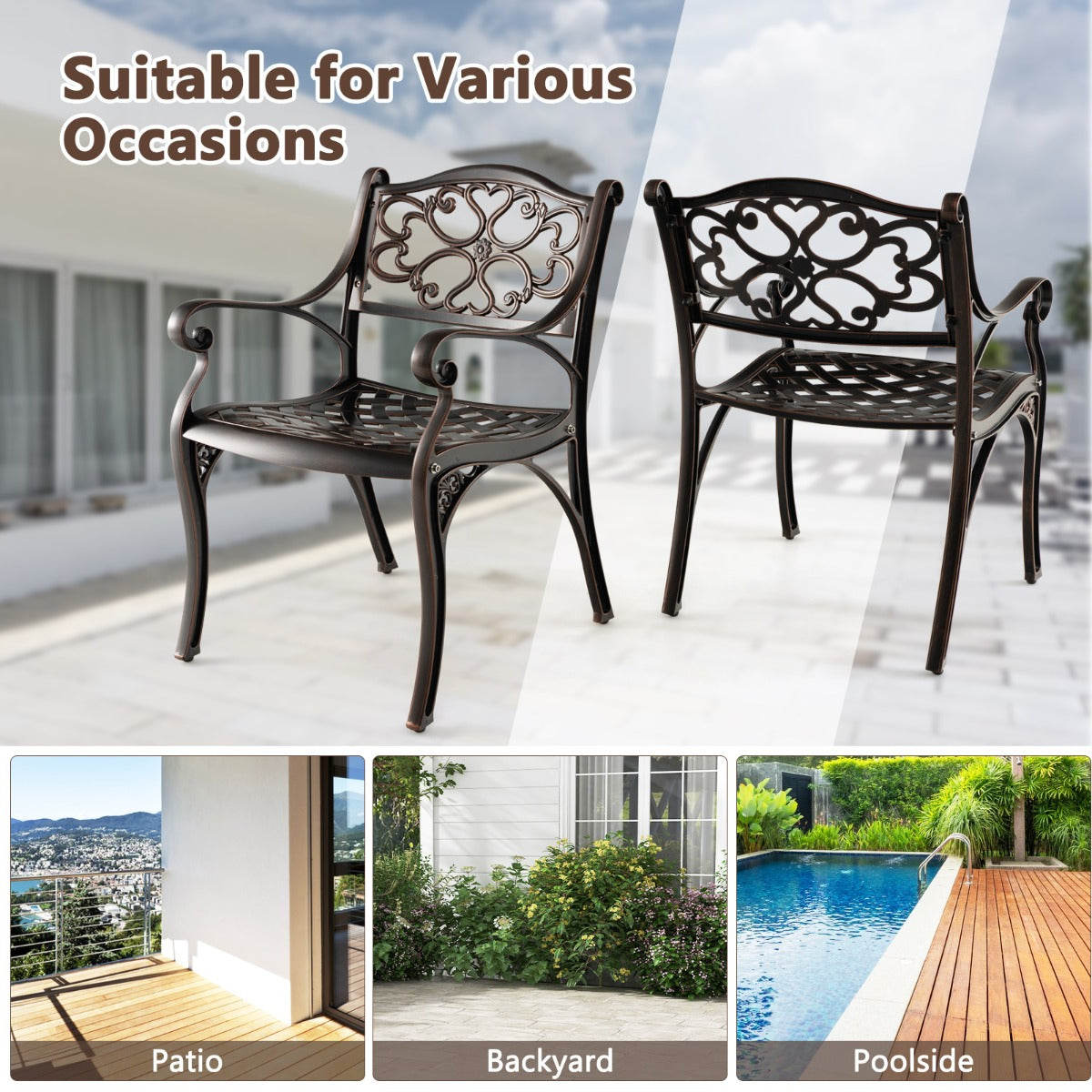 LIVSK 2-delige Terrasstoelen Set - Weerbestendig Gegoten Aluminium - Ergonomisch en Stabiel - Voor Buiten - Brons