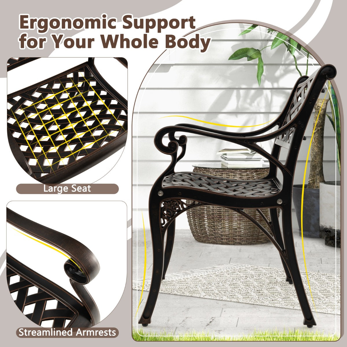 LIVSK Weerbestendige Terrasstoelen van Gegoten Aluminium - Ergonomische Ondersteuning - Verstelbare Voetkussens - Vintage Brons