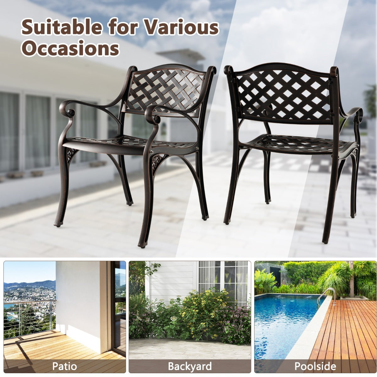 LIVSK Weerbestendige Terrasstoelen van Gegoten Aluminium - Ergonomische Ondersteuning - Verstelbare Voetkussens - Vintage Brons