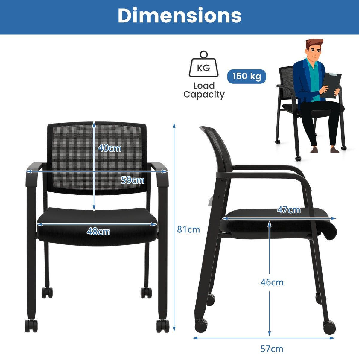 LIVSK Ergonomische Stapelstoelen Set van 2 - Gebogen Netrugleuning - Gewatteerde Zitting - Wielen - Tot 150 kg - Zwart