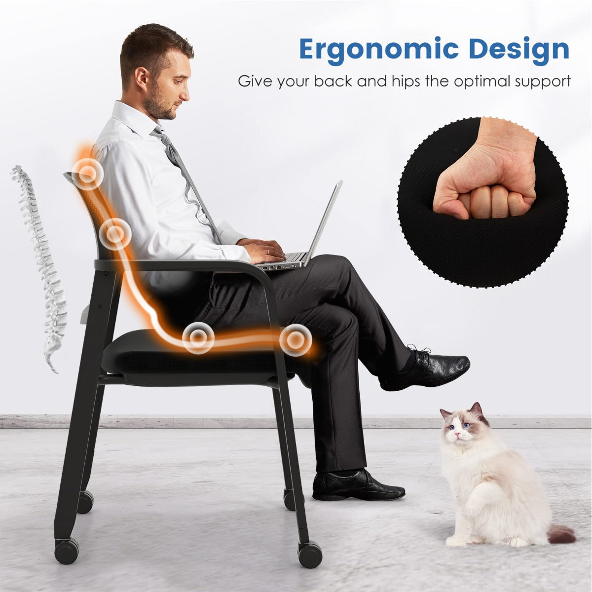 LIVSK Ergonomische Stapelstoelen Set van 2 - Gebogen Netrugleuning - Gewatteerde Zitting - Wielen - Tot 150 kg - Zwart