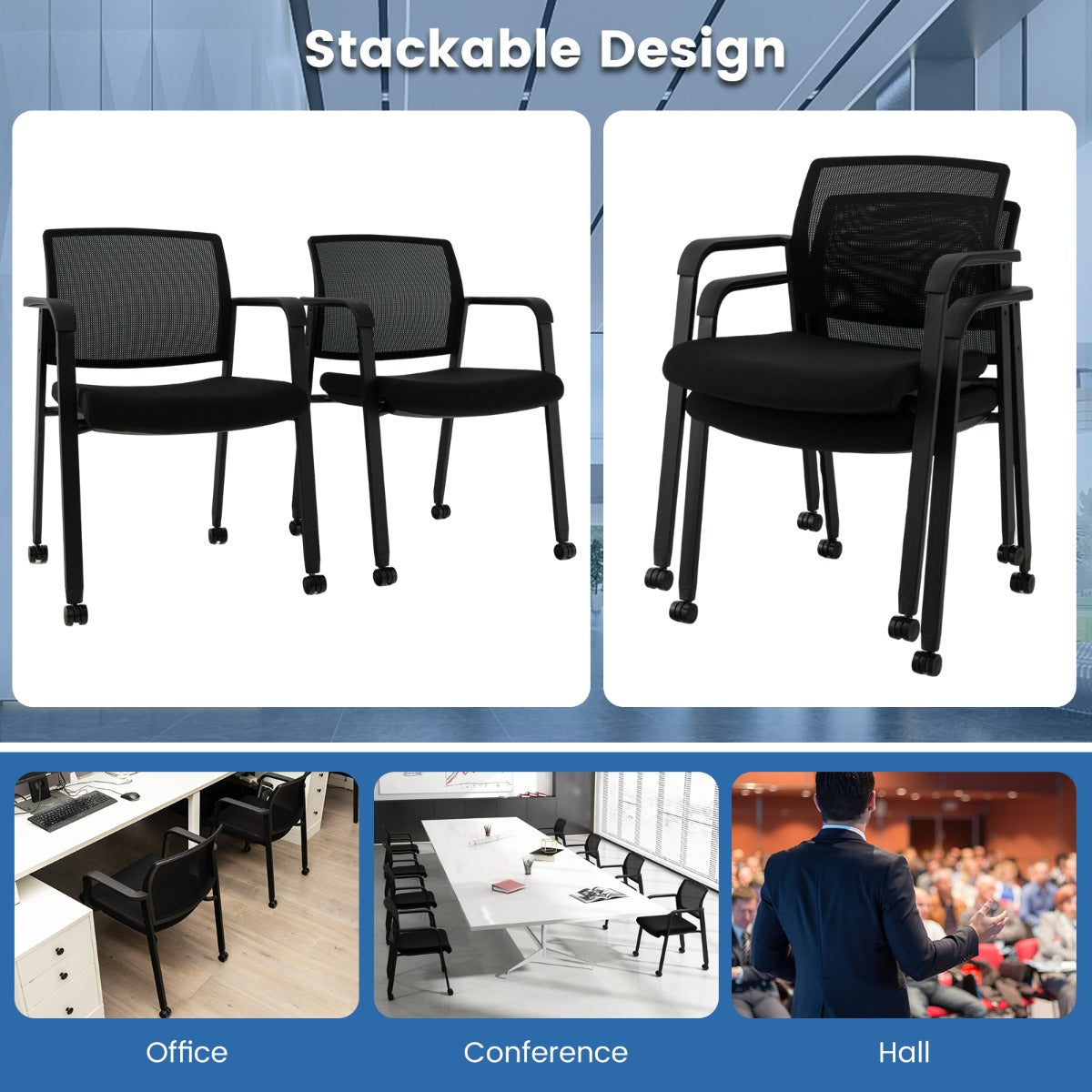 LIVSK Ergonomische Stapelstoelen Set van 2 - Gebogen Netrugleuning - Gewatteerde Zitting - Wielen - Tot 150 kg - Zwart