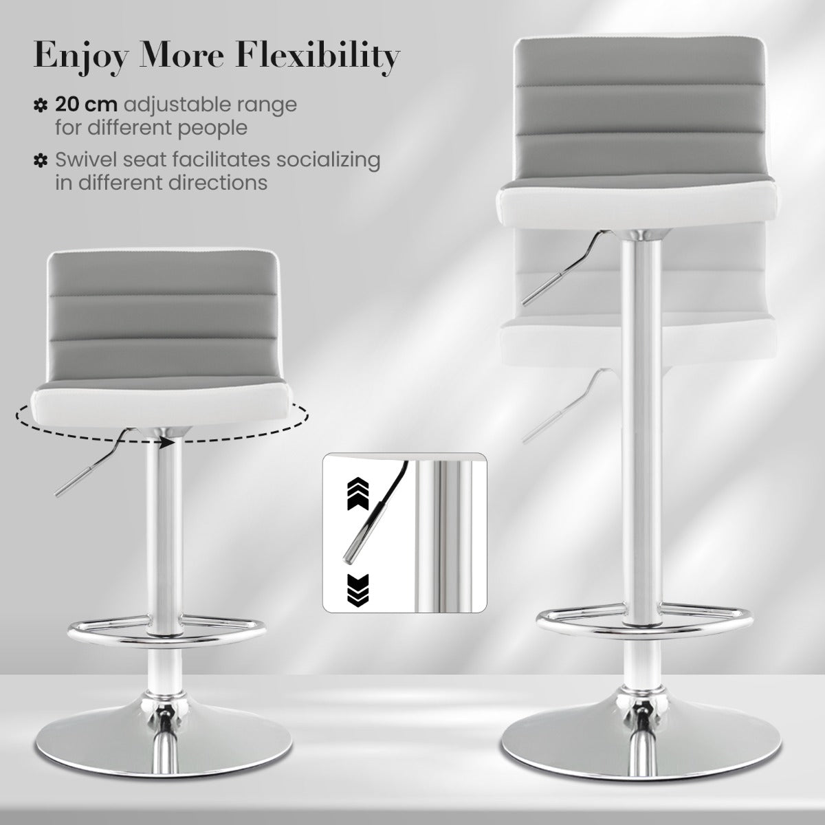 LIVSK Verstelbare Draaibare Barkrukken Set - Gewatteerde Rugleuning - Slijtvast PU-leer - Tot 150 kg - Grijs/Wit