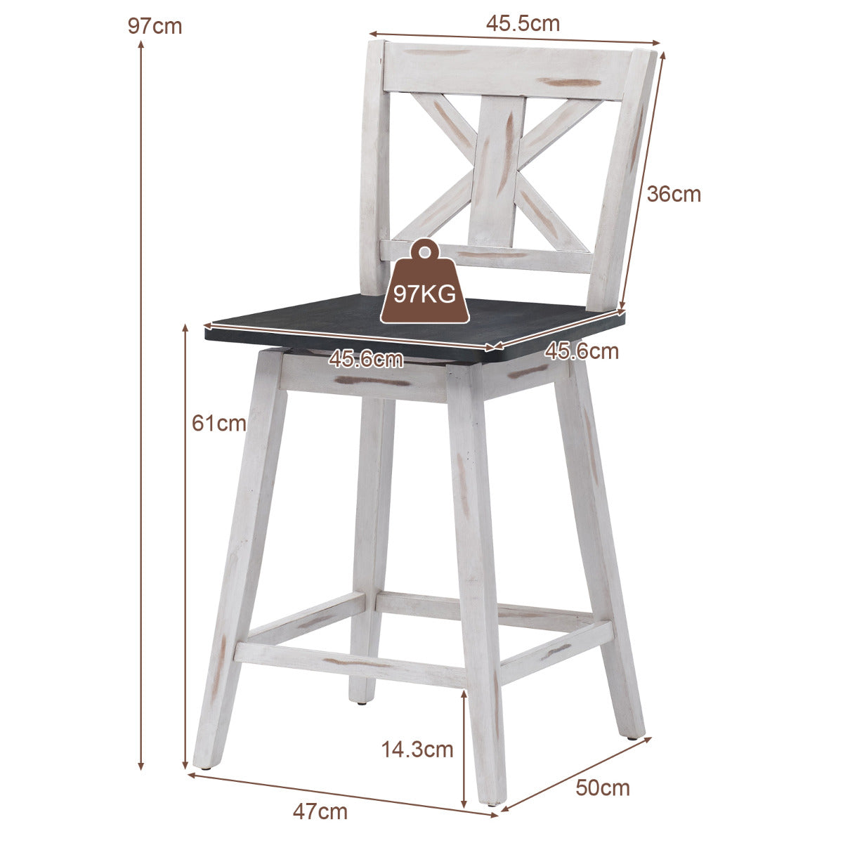 LIVSK Draaibare Barkruk Set van 2 - Ergonomische Rugleuning - Antislip - Tot 97 kg - Vintage Stijl - Wit
