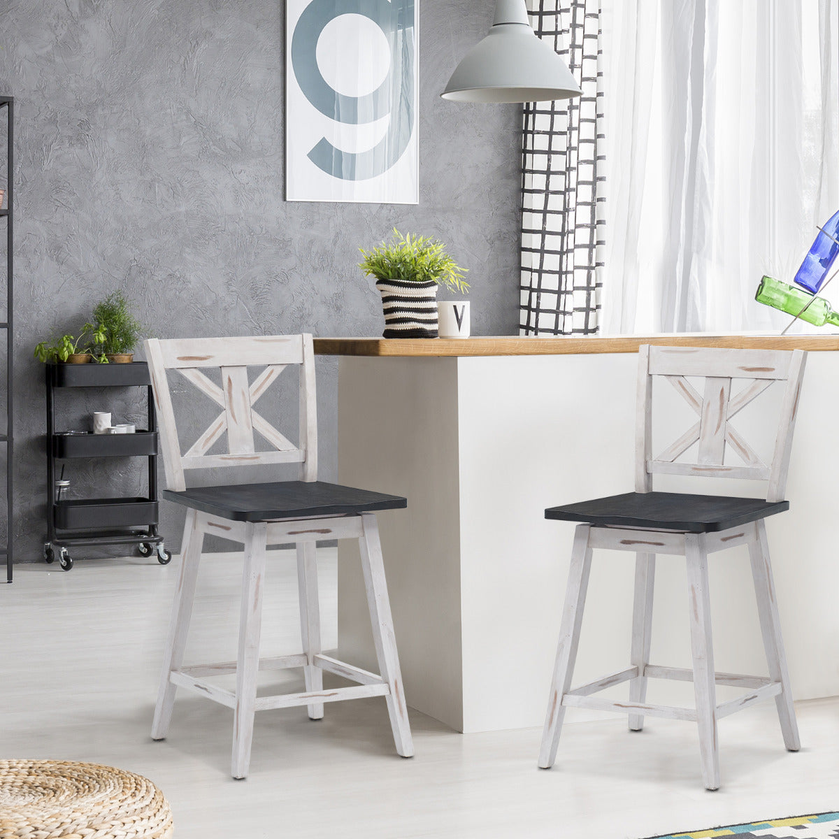 LIVSK Draaibare Barkruk Set van 2 - Ergonomische Rugleuning - Antislip - Tot 97 kg - Vintage Stijl - Wit