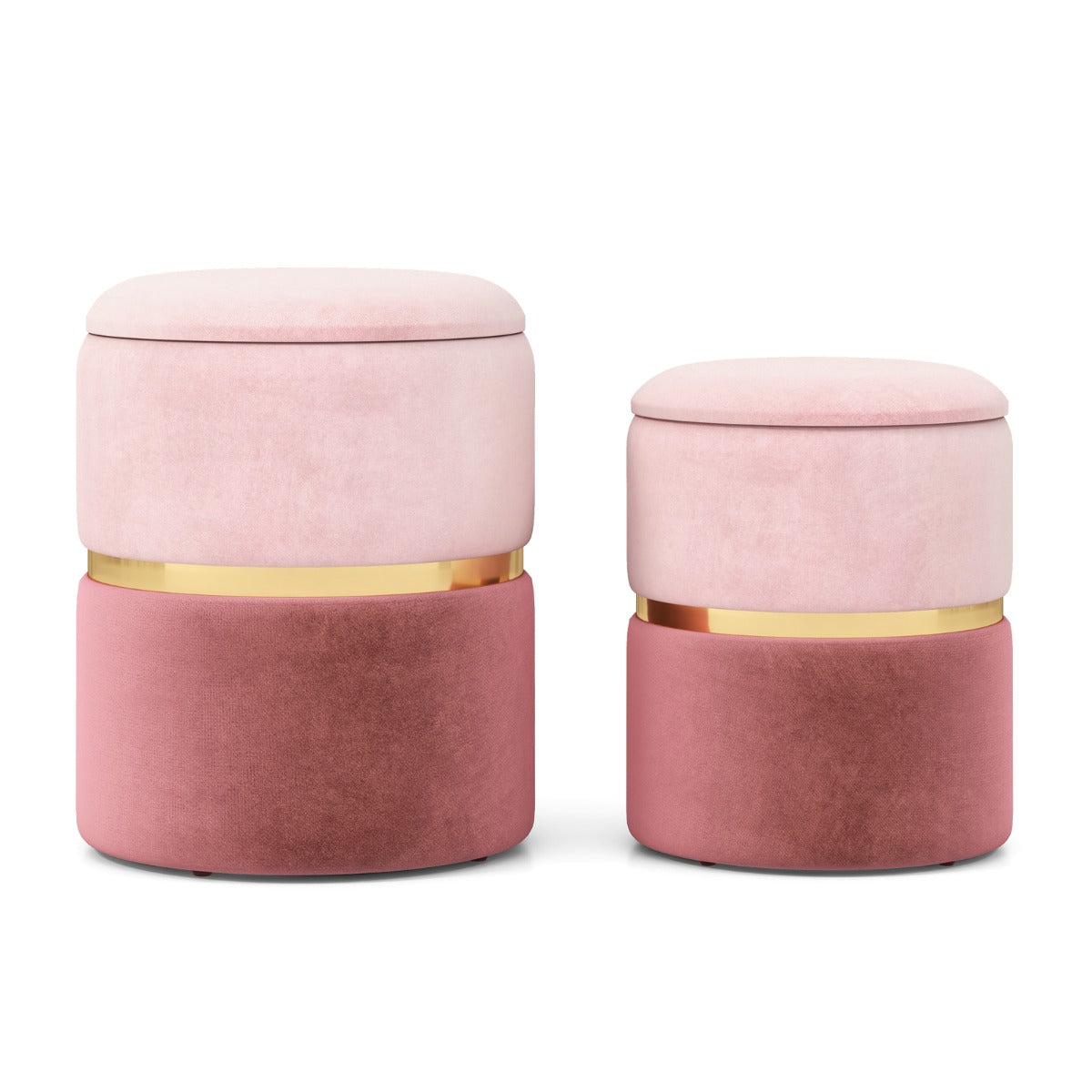 LIVSK Set van 2 Ronde Fluwelen Krukken met Opbergruimte - Tweekleurige Stof - Gouden Ring - Comfortabel en Stapelbaar - Roze
