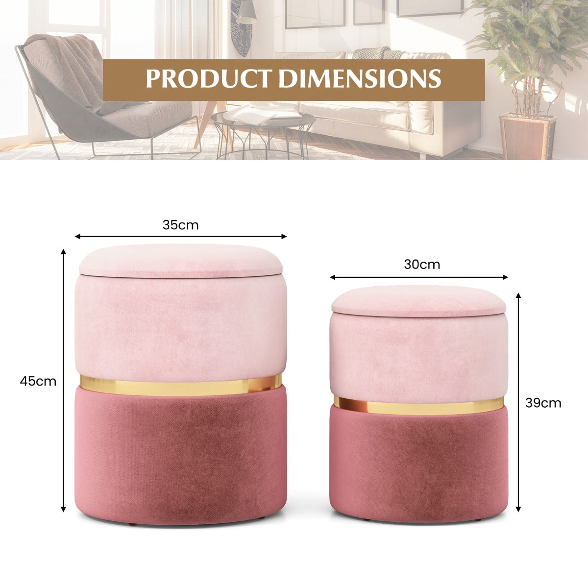 LIVSK Set van 2 Ronde Fluwelen Krukken met Opbergruimte - Tweekleurige Stof - Gouden Ring - Comfortabel en Stapelbaar - Roze