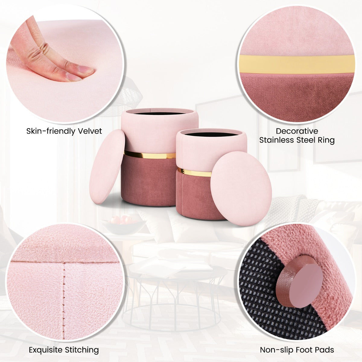 LIVSK Set van 2 Ronde Fluwelen Krukken met Opbergruimte - Tweekleurige Stof - Gouden Ring - Comfortabel en Stapelbaar - Roze