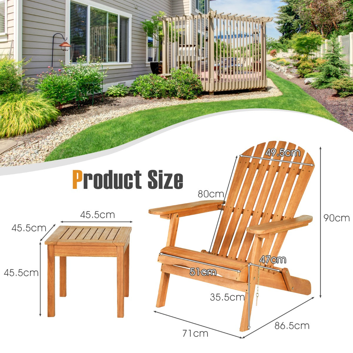 LIVSK 3-delige Adirondack Stoel en Bijzettafelset - Massief Eucalyptushout - Inklapbaar - Hoog Comfort - Voor Buiten - Naturel