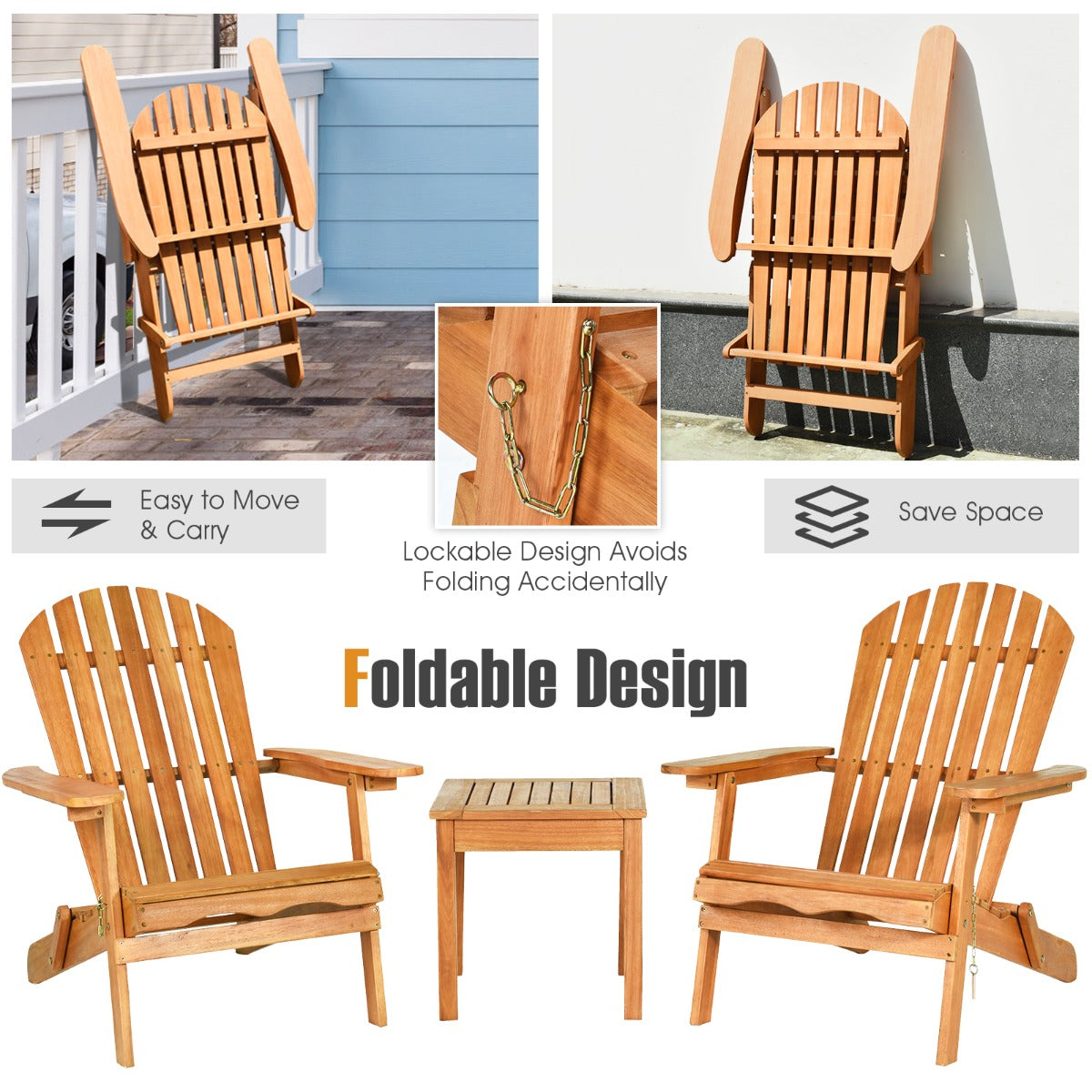 LIVSK 3-delige Adirondack Stoel en Bijzettafelset - Massief Eucalyptushout - Inklapbaar - Hoog Comfort - Voor Buiten - Naturel
