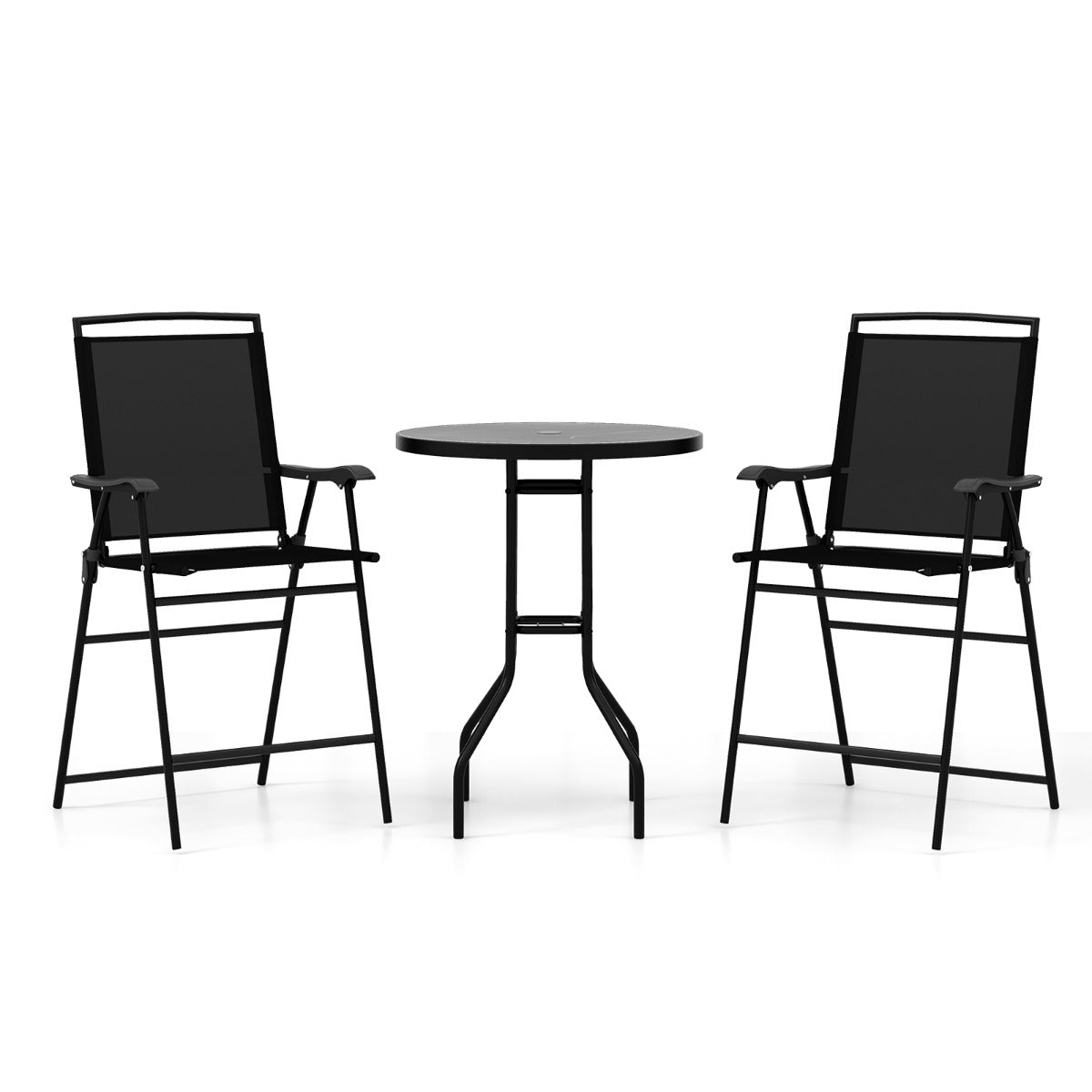 LIVSK Set van 3 Buiten Bistro Meubilair - Ergonomische Stoelen met Voetsteunen - DPC Tafel met Parasolgat - Opvouwbaar - Zwart
