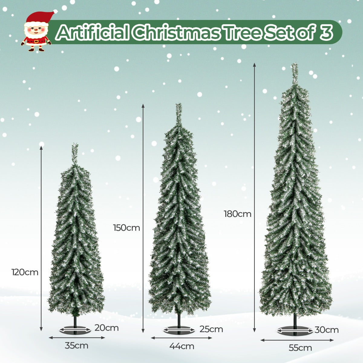 LIVSK Set van 3 Potloodvormige Kunstkerstbomen - 216, 302, 505 Takken - 100, 120, 180 LED-lampjes - Veilig en Stabiel - Groen +