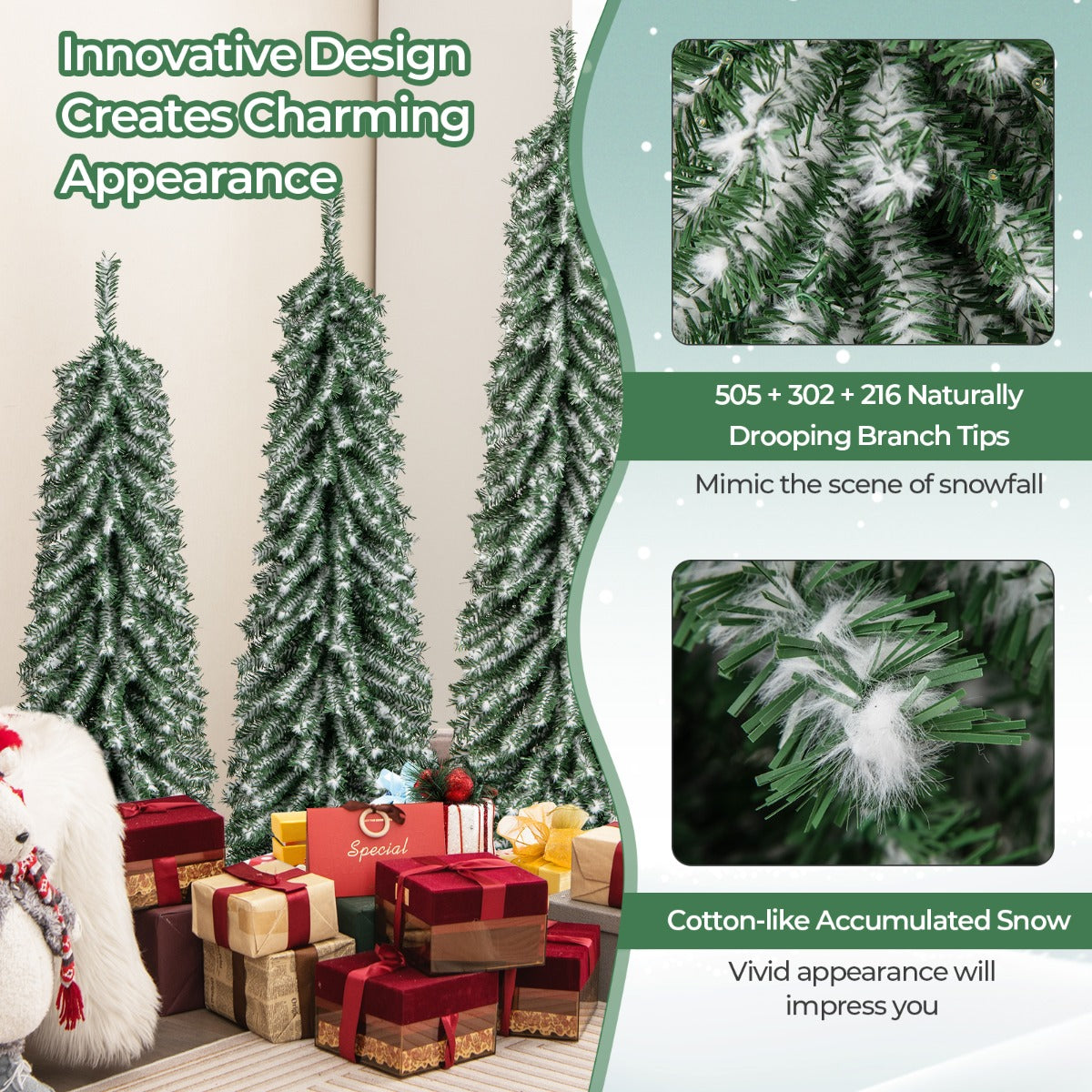 LIVSK Set van 3 Potloodvormige Kunstkerstbomen - 216, 302, 505 Takken - 100, 120, 180 LED-lampjes - Veilig en Stabiel - Groen +