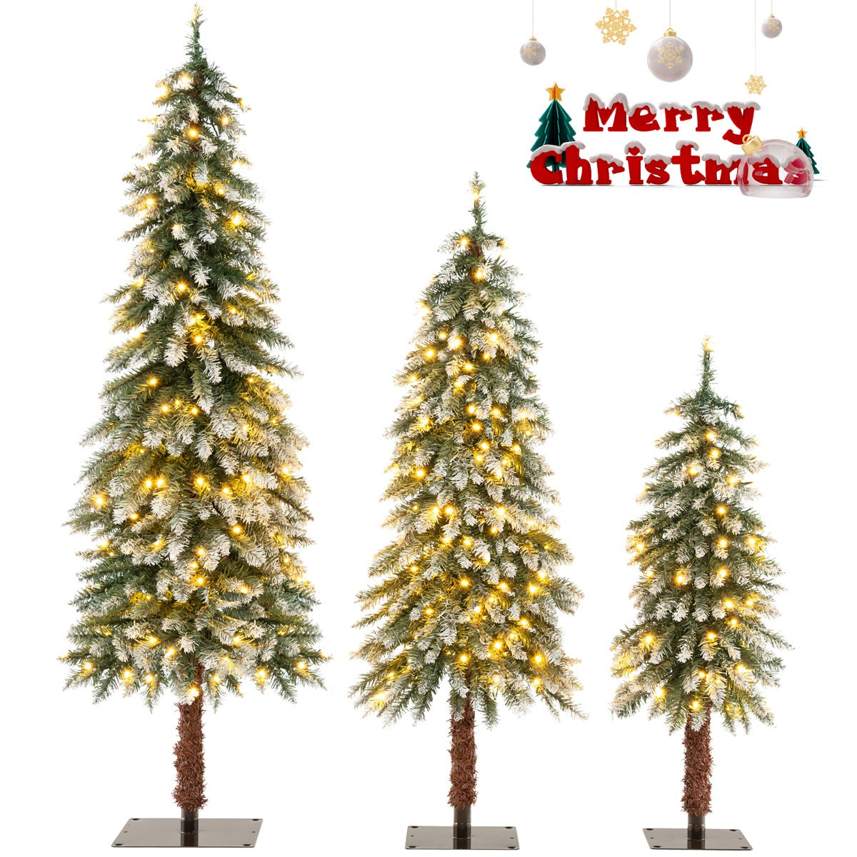 LIVSK Kerstbomenset - 3 Bomen in 90/120/150 cm - Sneeuwnaalden - LED-Verlichting - Duurzaam PVC - Groen en Wit