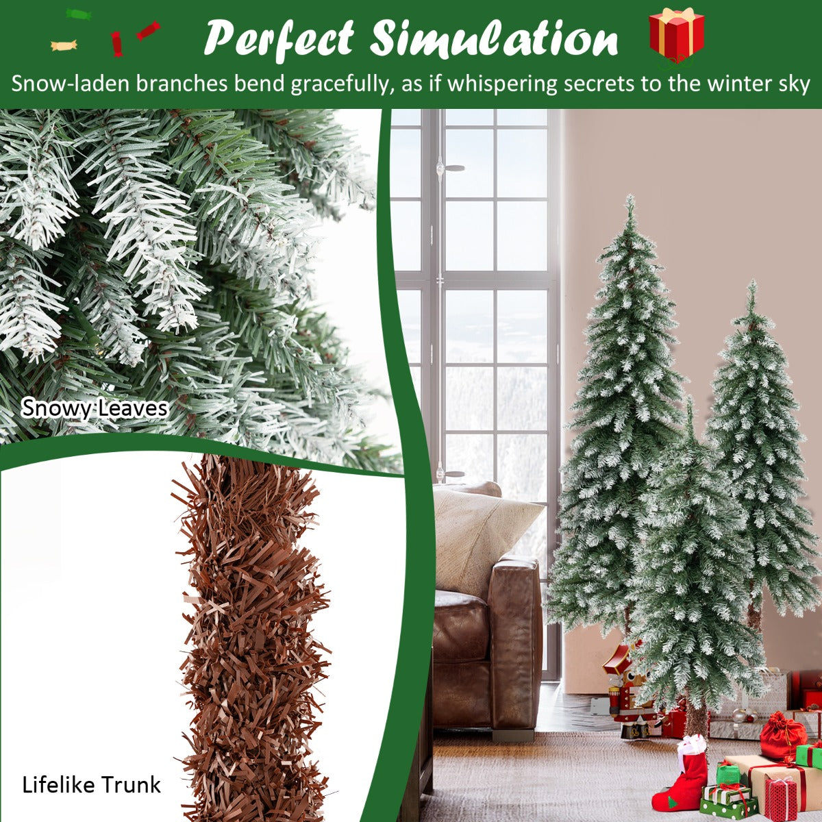 LIVSK Kerstbomenset - 3 Bomen in 90/120/150 cm - Sneeuwnaalden - LED-Verlichting - Duurzaam PVC - Groen en Wit