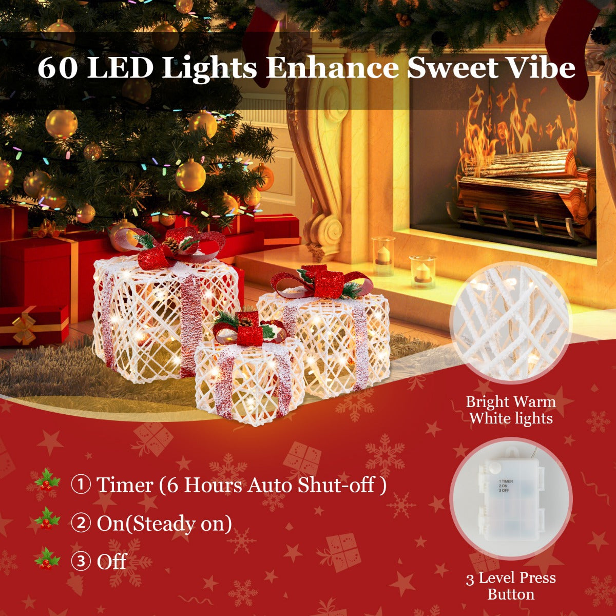 LIVSK Verlichte Kerstcadeaus - Set van 3 met 60 Warme Lampen - Timerfunctie - Waterdicht - Binnen en Buiten - Rood/Wit