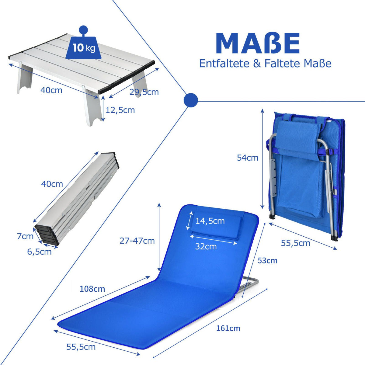 LIVSK 3-delige Opvouwbare Mat Set - Ademend Oxford Stof - Verstelbare Rugleuning - Compact en Lichtgewicht - Blauw