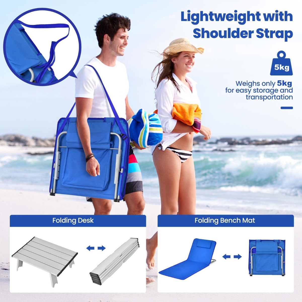 LIVSK 3-delige Opvouwbare Mat Set - Ademend Oxford Stof - Verstelbare Rugleuning - Compact en Lichtgewicht - Blauw