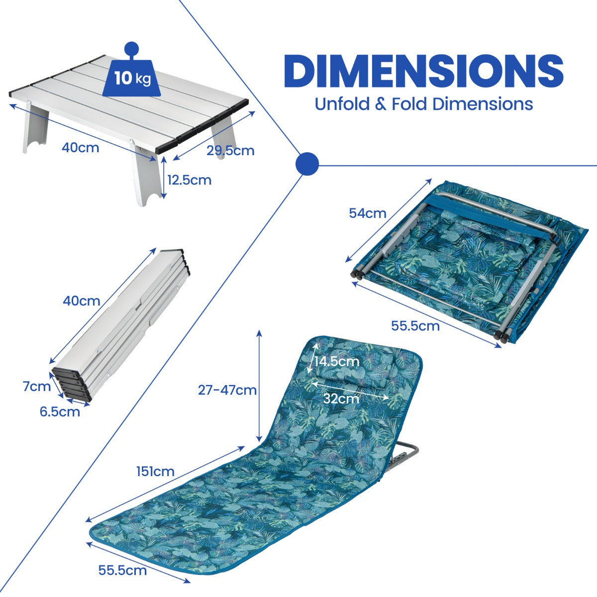 LIVSK 3-delige Opvouwbare Strandmat Set - 2 Ligstoelen met Verstelbare Rugleuning - Aluminium Frame - Draagvermogen 10 kg -