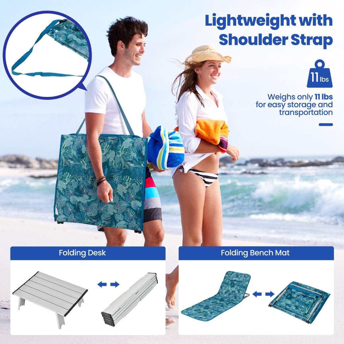 LIVSK 3-delige Opvouwbare Strandmat Set - 2 Ligstoelen met Verstelbare Rugleuning - Aluminium Frame - Draagvermogen 10 kg -