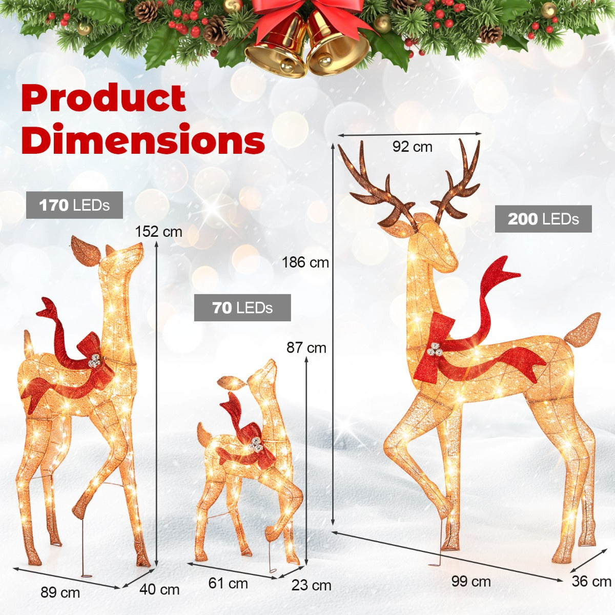 LIVSK 3-delige Verlichte Rendieren Set - 440 Warm Witte LED-lampjes - Weerbestendig - Eenvoudige Installatie - Hert 186 cm - Bruin
