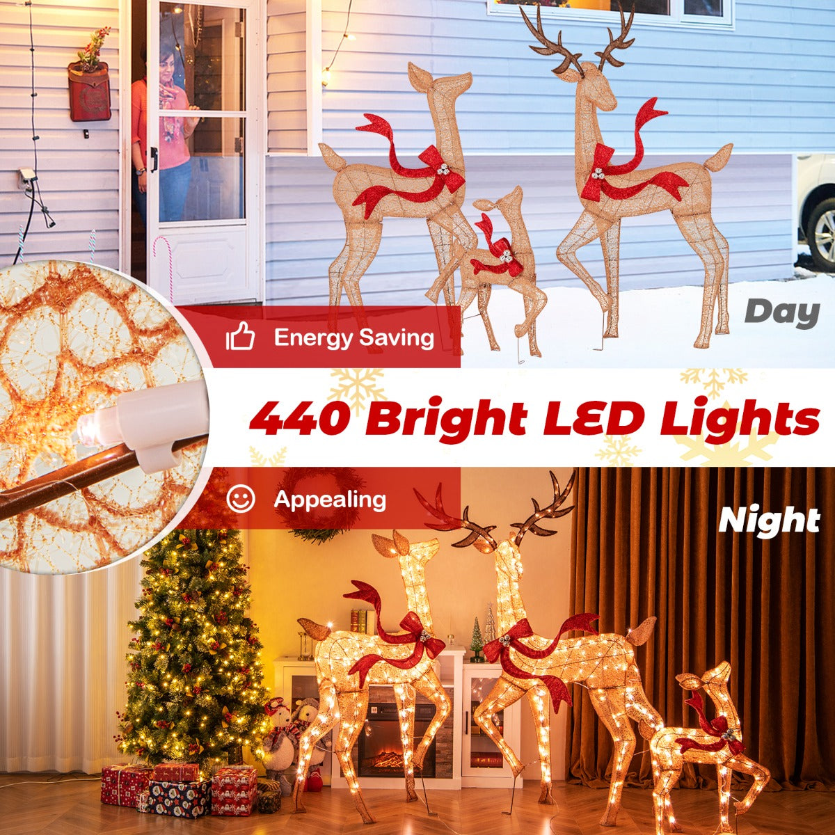 LIVSK 3-delige Verlichte Rendieren Set - 440 Warm Witte LED-lampjes - Weerbestendig - Eenvoudige Installatie - Hert 186 cm - Bruin