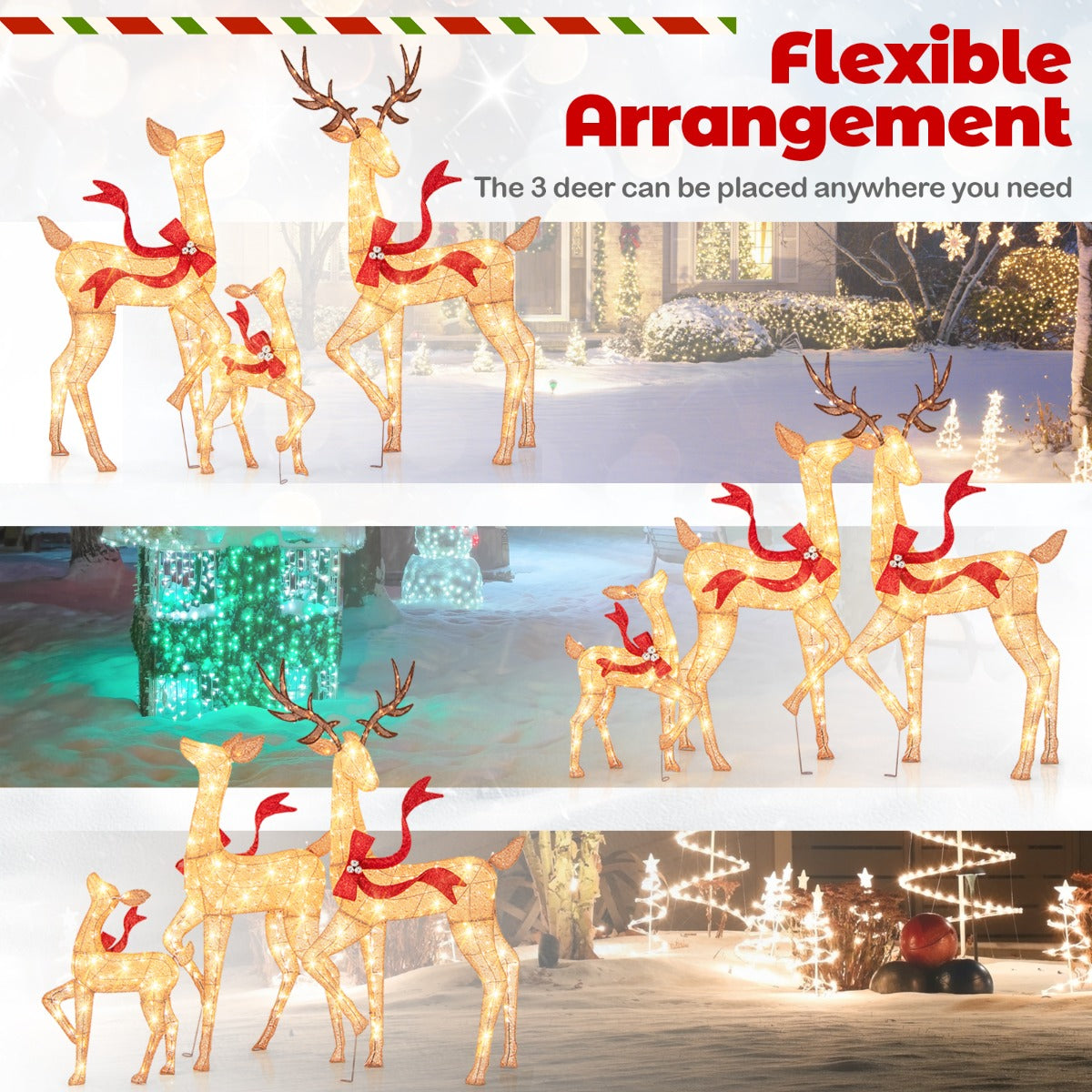 LIVSK 3-delige Verlichte Rendieren Set - 440 Warm Witte LED-lampjes - Weerbestendig - Eenvoudige Installatie - Hert 186 cm - Bruin