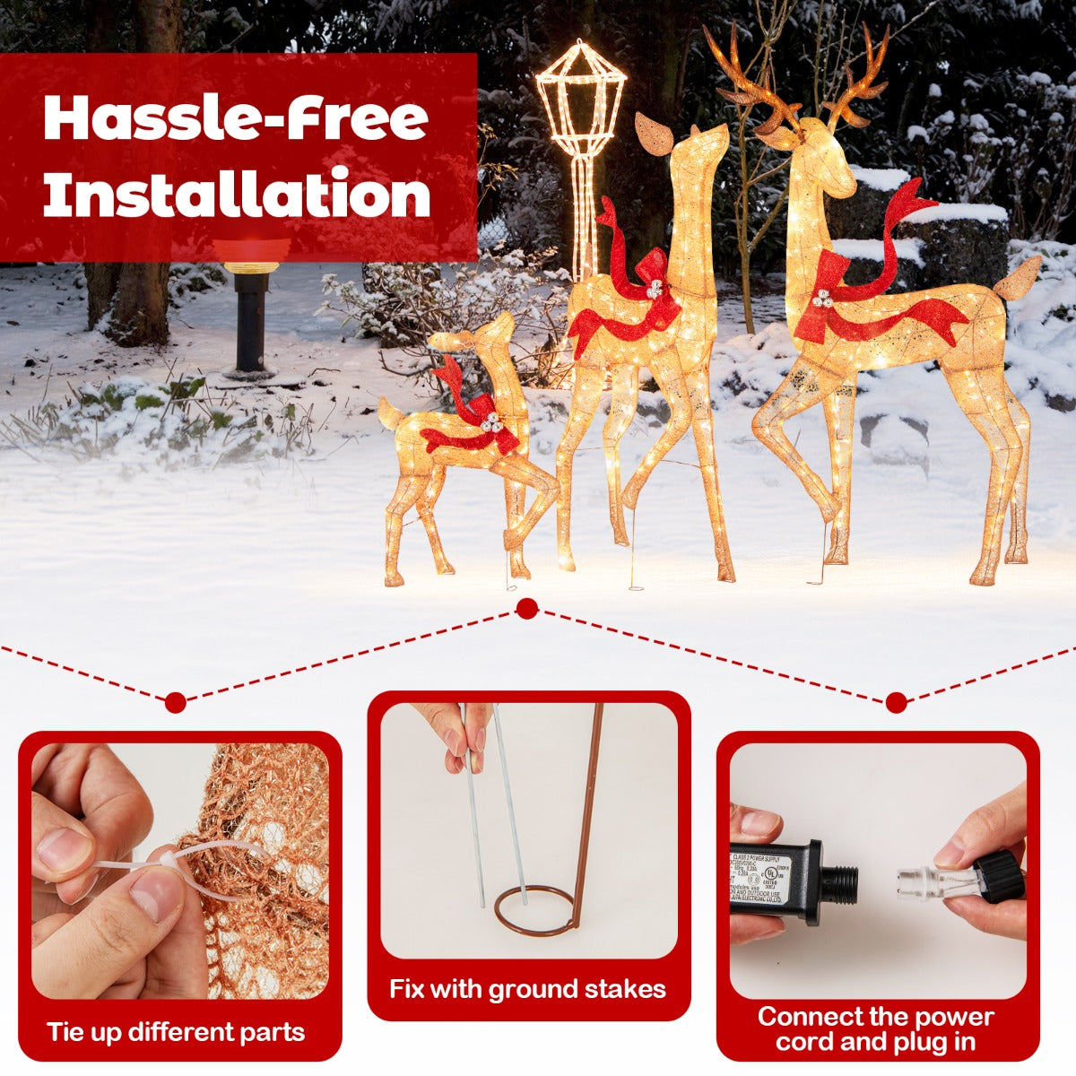 LIVSK 3-delige Verlichte Rendieren Set - 440 Warm Witte LED-lampjes - Weerbestendig - Eenvoudige Installatie - Hert 186 cm - Bruin