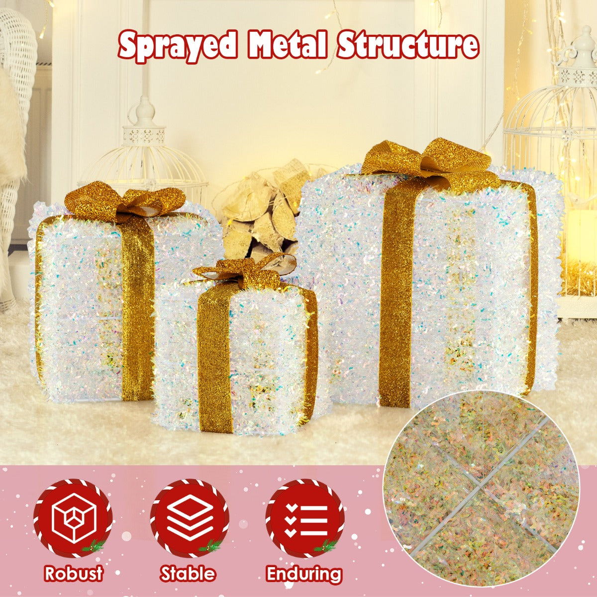 LIVSK Set Lichtgevende Kerstcadeaudozen - 40 + 60 + 100 Warmwitte LED's - Sterke Metalen Frames - Voor Binnen en Buiten -