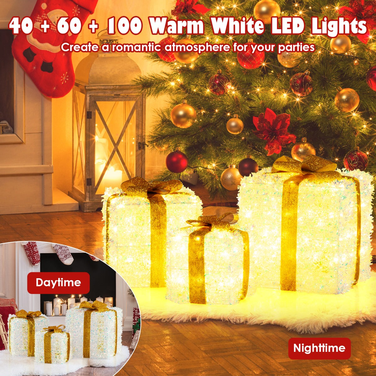 LIVSK Set Lichtgevende Kerstcadeaudozen - 40 + 60 + 100 Warmwitte LED's - Sterke Metalen Frames - Voor Binnen en Buiten -