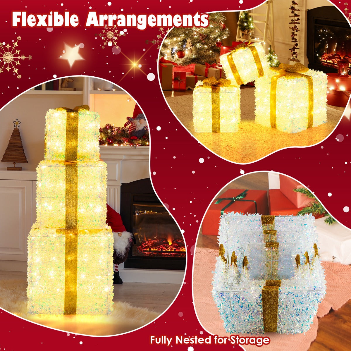 LIVSK Set Lichtgevende Kerstcadeaudozen - 40 + 60 + 100 Warmwitte LED's - Sterke Metalen Frames - Voor Binnen en Buiten -